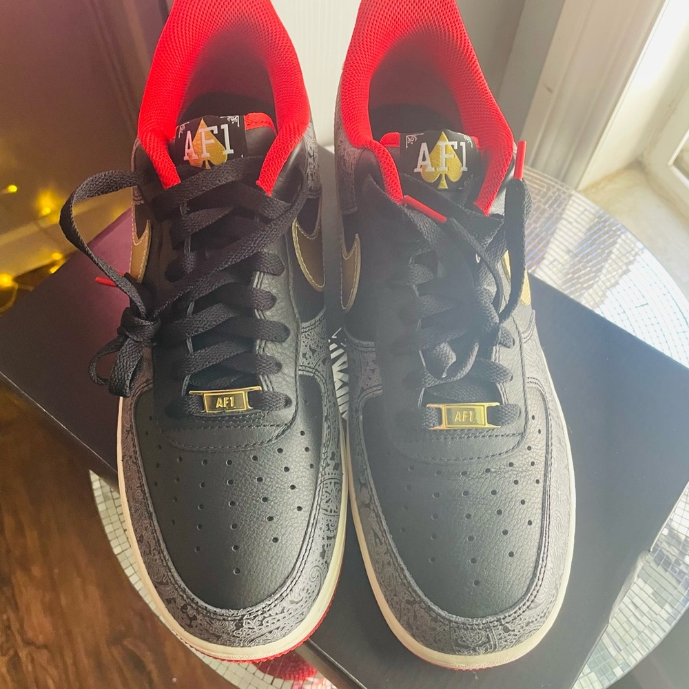 Nike Air Force 1 Black and Gold with Red Accents - Picture 2 of 7